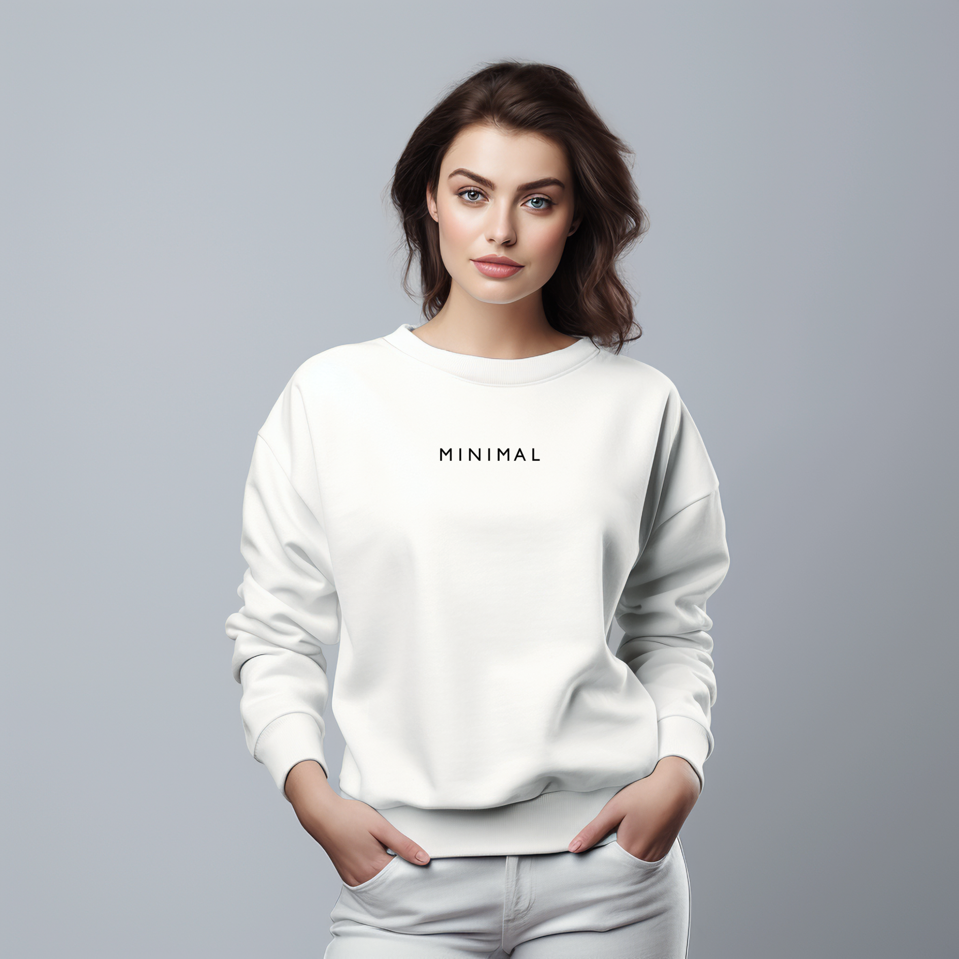 Stilingas baltas moteriškas džemperis su užrašu "MINIMAL". Minimalistinis dizainas, patogus ir madingas. Puikus pasirinkimas kasdienai ar laisvalaikiui. Designedbyme.lt kolekcija. Moteriški džemperiai, Naujausi dizainai