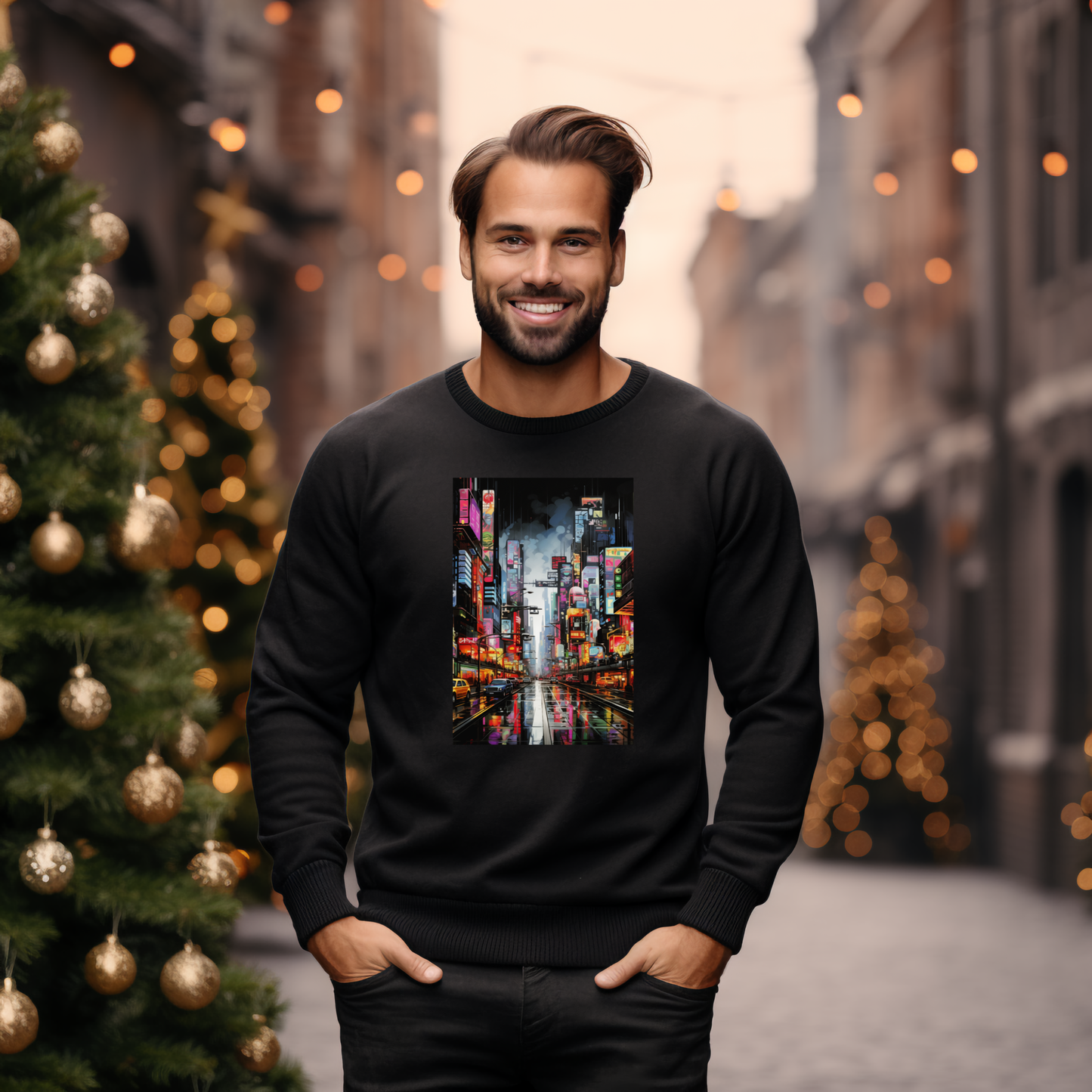 Stilingas juodas džemperis su ryškiu Niujorko gatvių vaizdu, atspindinčiu miesto energiją. Puiki dovana miesto gerbėjams. Patogus ir madingas pasirinkimas kasdienai. Designedbyme.lt kokybė ir unikalus dizainas, Vyriški džemperiai,Perkamiausi džemperiai, Naujausi dizainai
