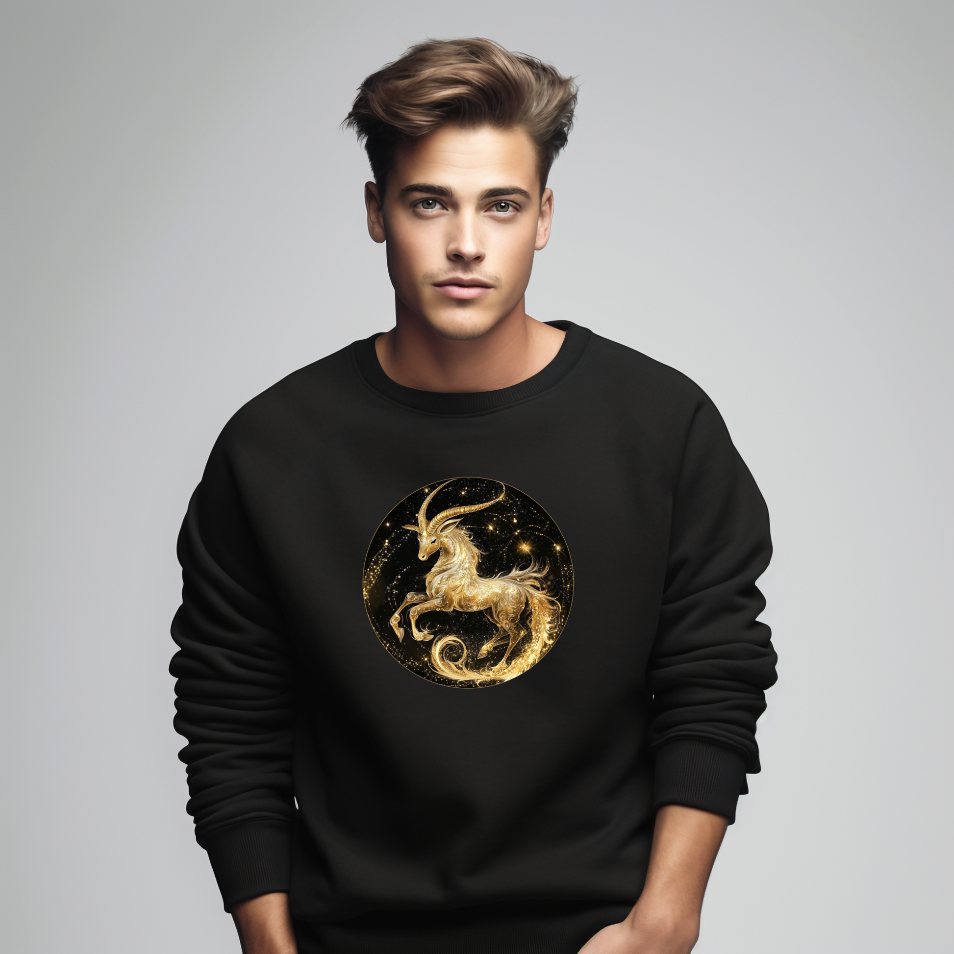 Juodas vyriškas džemperis su auksiniu Ožiaragio zodiako ženklu. Elegantiškas ir modernus dizainas, atspindintis ambicijas ir tvirtą charakterį. Vyriškas džemperis su zodiako ženklu "Ožiaragis". Vyriški džemperiai, Perkamiausi džemperiai, Naujausi dizainai, Zodiako ženklų kolekcija