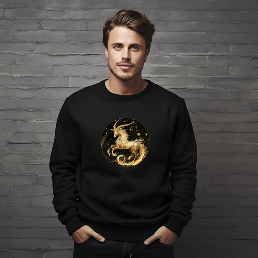 Juodas vyriškas džemperis su auksiniu Ožiaragio zodiako ženklo atvaizdu. Elegantiškas ir stilingas dizainas, puikiai tinkantis kasdieniam dėvėjimui. Vyriškas džemperis su zodiako ženklu "Ožiaragis", Vyriški džemperiai, Perkamiausi džemperiai, Naujausi dizainai, Zodiako ženklų kolekcija