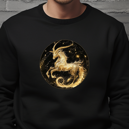Juodas vyriškas džemperis su auksiniu Ožiaragio zodiako ženklo atvaizdu. Elegantiškas ir stilingas dizainas, atspindintis Ožiaragio charakterį ir jėgą. Puikus pasirinkimas moderniam vyrui. Vyriškas džemperis su zodiako ženklu "Ožiaragis", Vyriški džemperiai, Perkamiausi džemperiai, Naujausi dizainai, Zodiako ženklų kolekcija