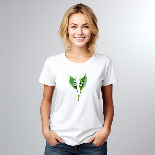 Moteriški marškinėliai “Pakalnutės” – balti su subtiliu pavasario žibučių dizainu, Designedbyme.lt