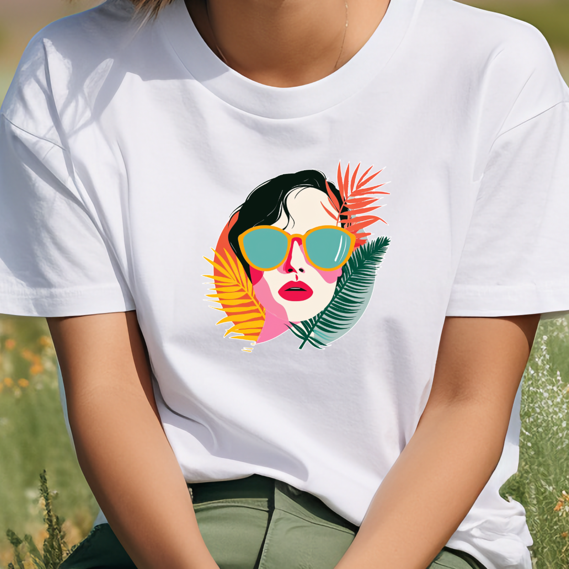 Stilingi balti marškinėliai su ryškiu tropinio stiliaus moters veido atvaizdu, dėvinčiu saulės akinius. Unikalus ir šiuolaikiškas dizainas, idealus vasarai. Designedbyme.lt kokybė, Moteriški marškinėliai, Vasaros kolekcija, Naujausi dizainai