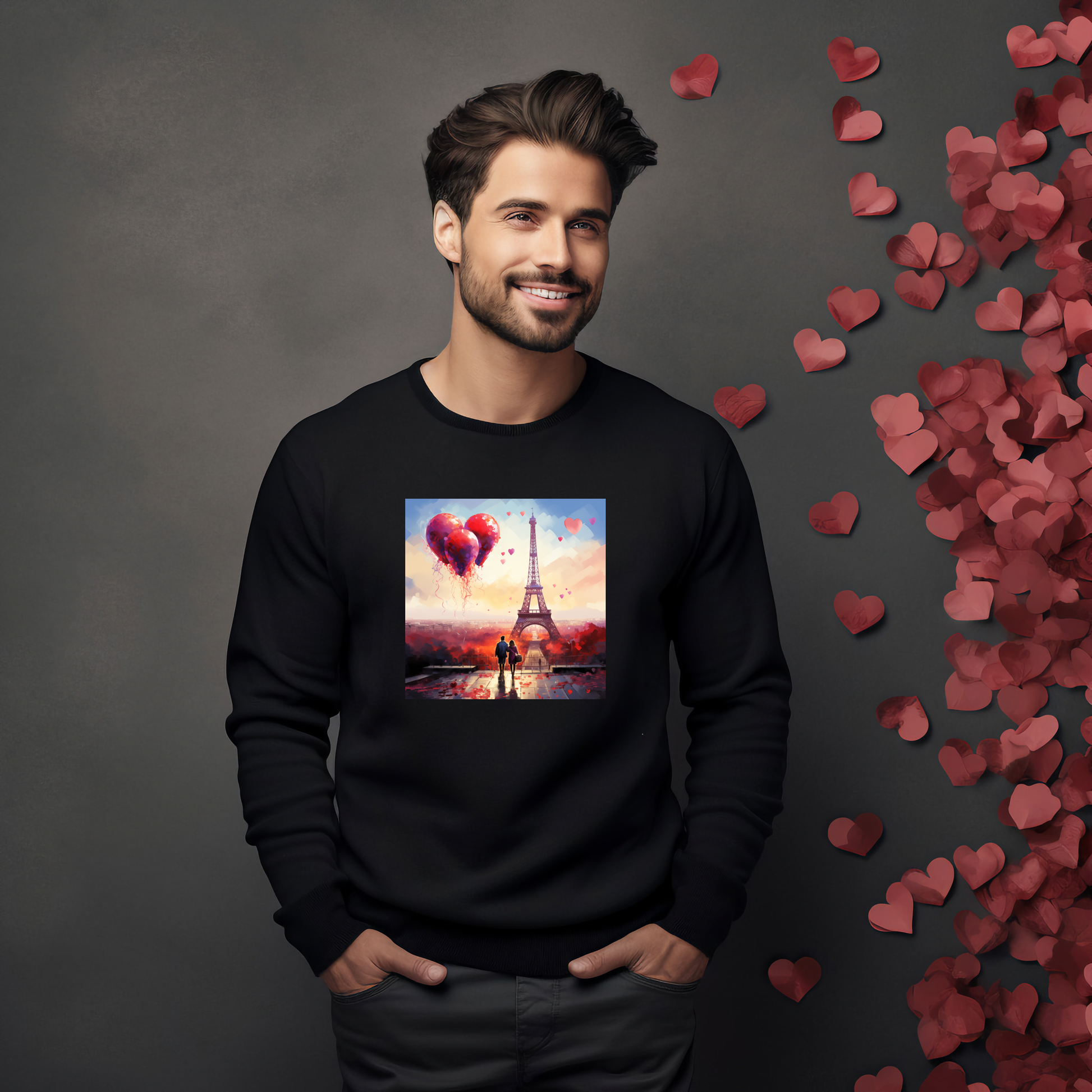 Juodas džemperis su romantiška Paryžiaus scena, Eifelio bokštu ir raudonu balionu. Stilingas ir unikalus dizainas idealiai tinka Valentino dienai. Designedbyme.lt kokybiškas gaminys, puiki dovana mylimiesiems. Vyriški džemperiai, Valentino dienos kolekcija , Naujausi dizainai
