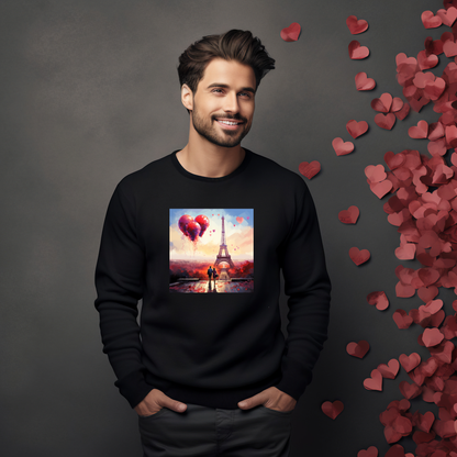 Juodas džemperis su romantiška Paryžiaus scena, Eifelio bokštu ir raudonu balionu. Stilingas ir unikalus dizainas idealiai tinka Valentino dienai. Designedbyme.lt kokybiškas gaminys, puiki dovana mylimiesiems. Vyriški džemperiai, Valentino dienos kolekcija , Naujausi dizainai