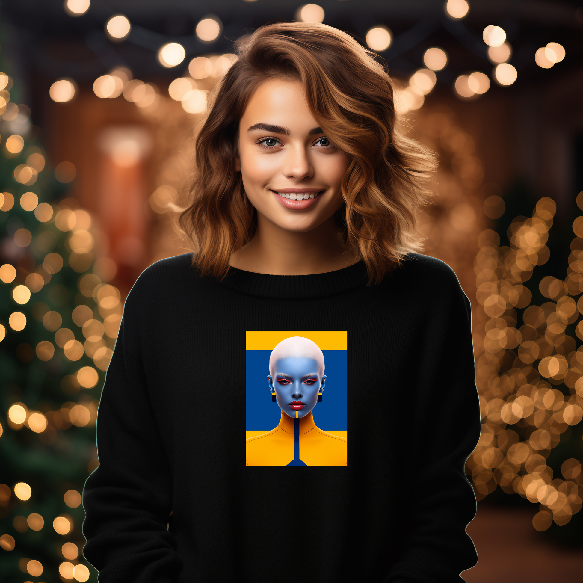 Stilingas juodas džemperis su ryškiu mėlynos ir geltonos spalvų grafikos atvaizdu, sukuriantis modernų ir įdomų kontrastą. Unikalus ir originalus Designedbyme.lt dizainas, puikiai tinkantis šventiniam sezonui. Šiltas ir jaukus drabužis, idealus dovanų idėjoms. Moteriški džemperiai, Naujausi dizainai