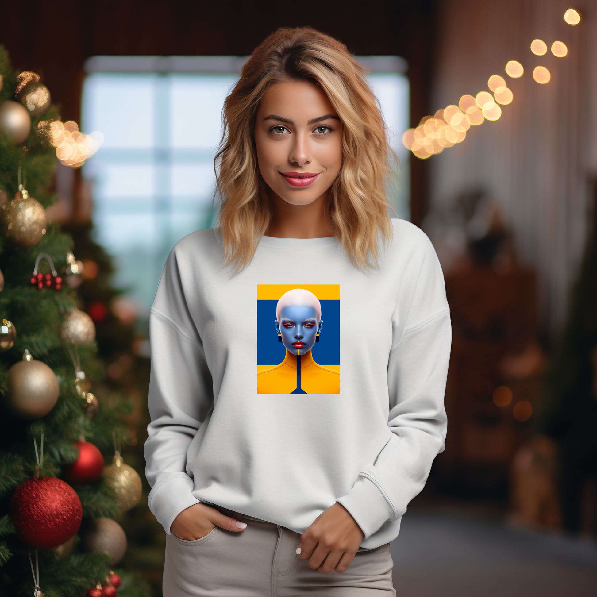 Stilingas baltas moteriškas džemperis su ryškiu meno printu, puikiai tinkantis šventiniam sezonui. Unikalus Designedbyme.lt kūrinys, atspindintis šiuolaikinį meną ir madą. Idealus pasirinkimas ieškant originalios dovanos. Moteriški džemperiai, Naujausi dizainai