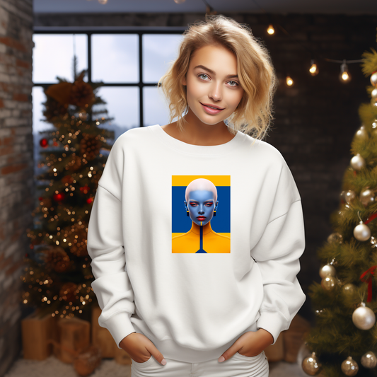Modernus baltas moteriškas džemperis su unikaliu mėlynu ir geltonu atvaizdu, puikiai tinkantis šventiniam sezonui. Stilingas ir jaukus drabužis, idealus dovanoms. Designedbyme.lt kolekcija, atspindinti šiuolaikinį meną ir taiką. Moteriški džemperiai,  Naujausi dizainai