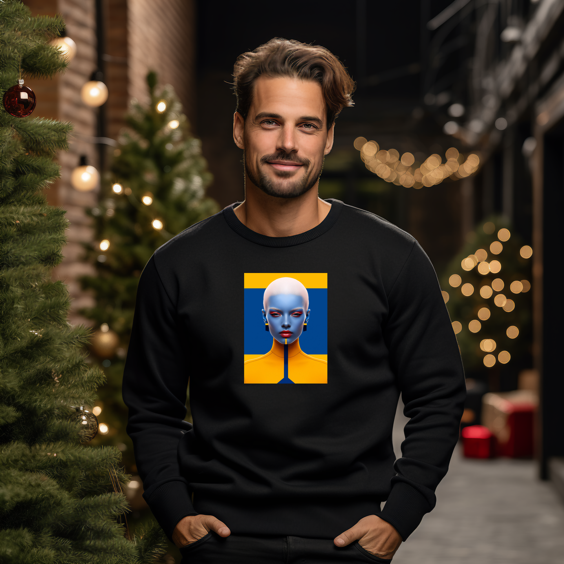 Stilingas juodas džemperis su ryškiu futuristiniu atvaizdu, puikiai tinkantis šventiniam sezonui. Unikalus dizainas sukuria modernų ir įdomų įvaizdį. Designedbyme.lt kolekcijos dalis, idealus pasirinkimas ieškantiems išskirtinių dovanų. Vyriški džemperiai, Naujausi dizainai