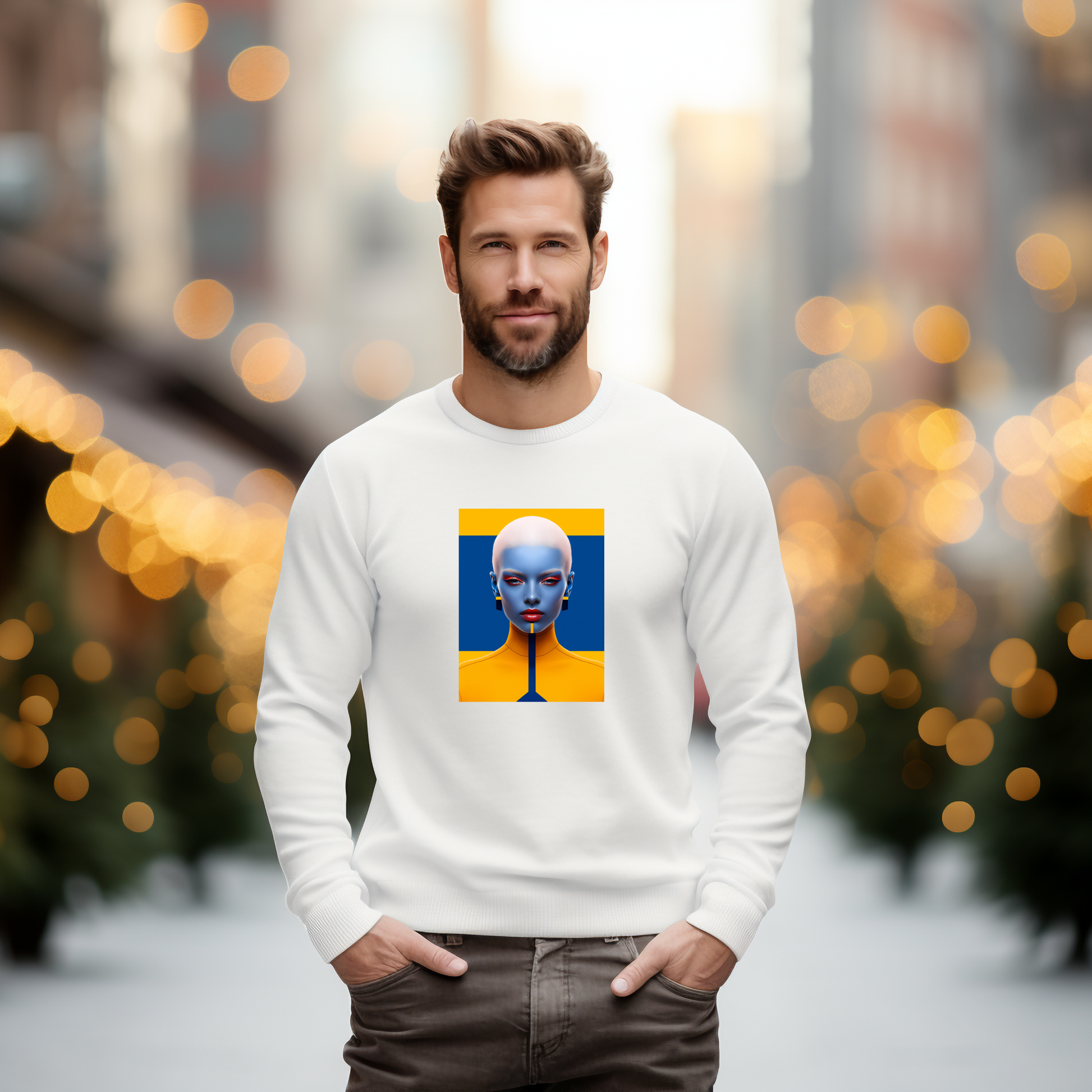 Stilingas baltas vyriškas džemperis su unikaliu mėlynu ir geltonu meno kūriniu, demonstruojamas miesto aplinkoje. Modernus ir jaukus Designedbyme.lt dizainas, puikiai tinkantis kasdieniam dėvėjimui. Išskirtinis pasirinkimas ieškant originalios dovanos vyrui. Vyriški džemperiai, Naujausi dizainai