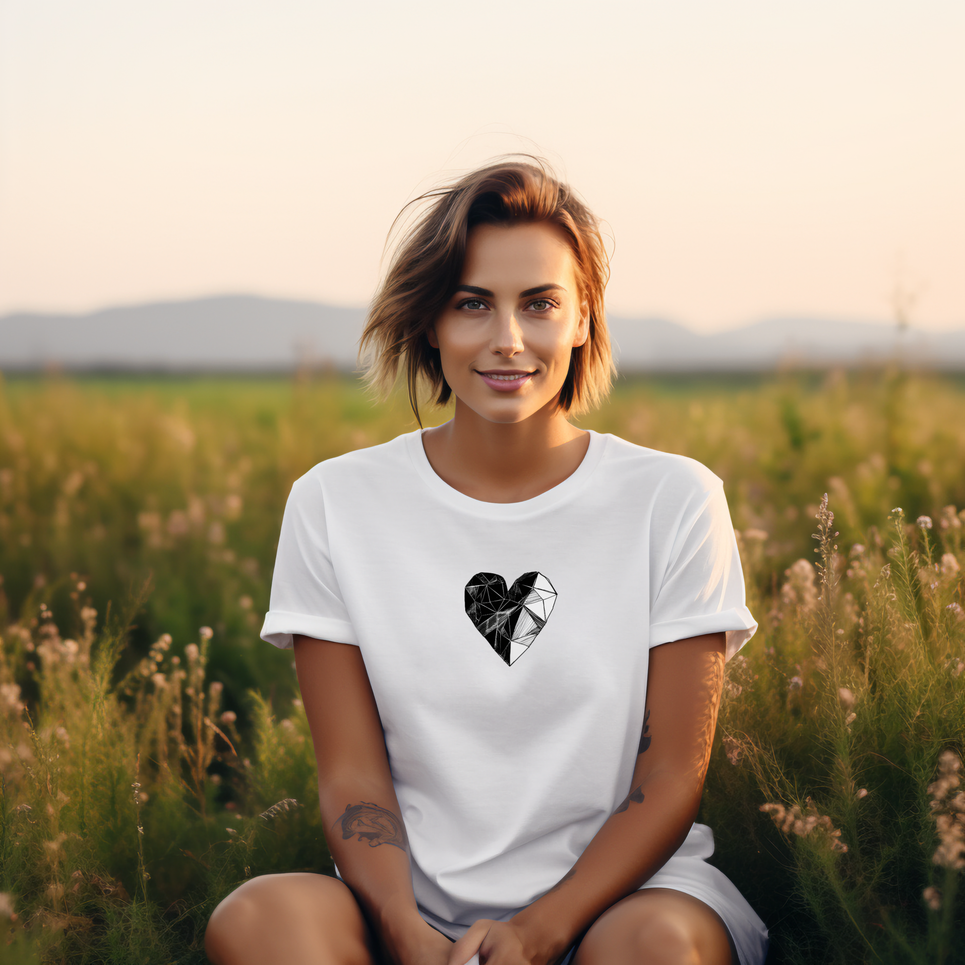 Stilingi balti marškinėliai su unikaliu pieštuko širdies dizainu, dėvimi lauke saulėtą dieną, puikiai tinka kūrybiškoms asmenybėms. Designedbyme.lt originalus kūrinys, tobula dovana draugei ar sau. Praktiškas ir modernus pasirinkimas, ,  FINALINIS IŠPARDAVIMAS! NUOLAIDOS IKI -80%