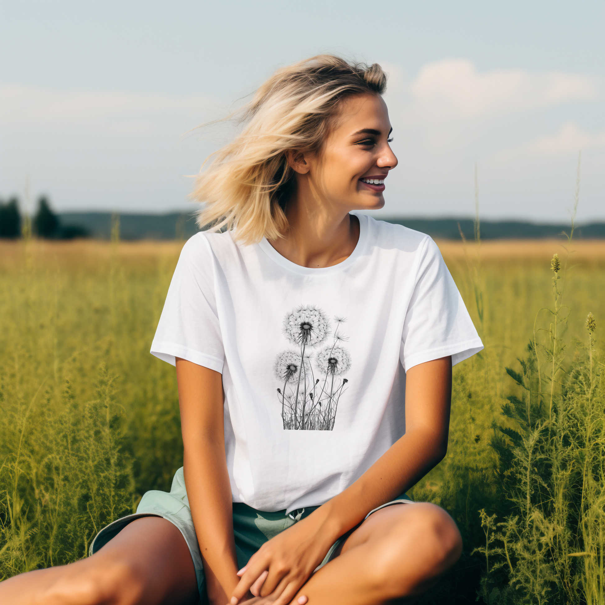 Stilingi balti moteriški marškinėliai su pienių pūkų motyvu, dėvimi laukuose saulėtą dieną. Unikalus Designedbyme.lt kūrinys, tobulas kasdienai ir ypatingoms progoms. Marškinėliai su spauda, dovana draugei,  FINALINIS IŠPARDAVIMAS! NUOLAIDOS IKI -80%
