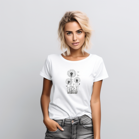 Balti moterški marškinėliai su elegantišku pienių pūkų piešiniu, suteikiantys lengvumo ir romantiškumo. Designedbyme.lt originalus dizainas, tinkamas kasdienai ir ypatingoms progoms. Populiarus ir unikalus pasirinkimas dovanai,  FINALINIS IŠPARDAVIMAS! NUOLAIDOS IKI -80%