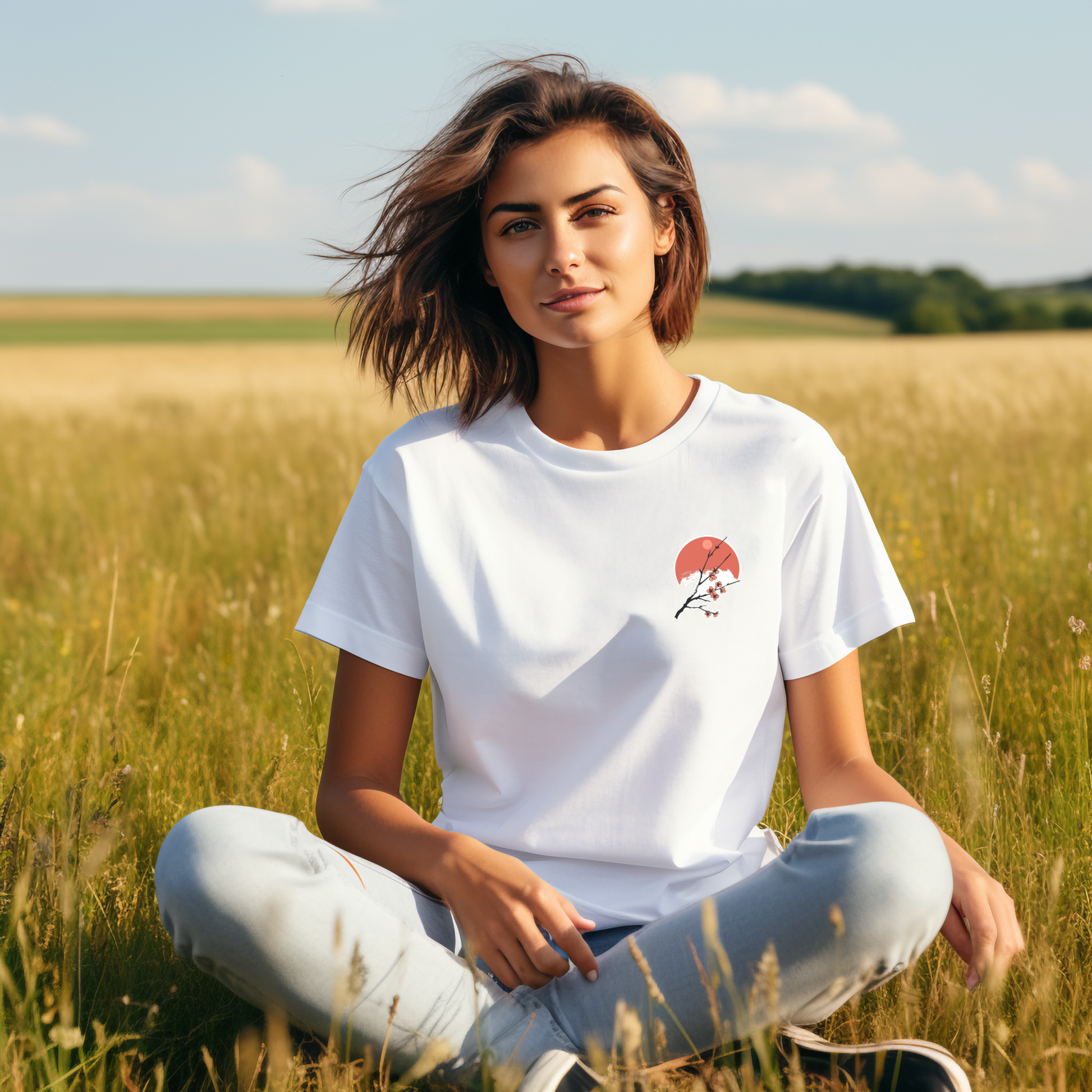 Moteris dėvi baltus marškinėlius su japonišku sakuros dizainu, sėdinti kviečių lauke. Elegantiškas ir šiuolaikiškas vaizdas, atspindintis DesignedByMe.lt populiarų "Sakura White" stilių. Moteriški marškinėliai, Vasaros kolekcija, BESTSELLER'iai, Naujausi dizainai