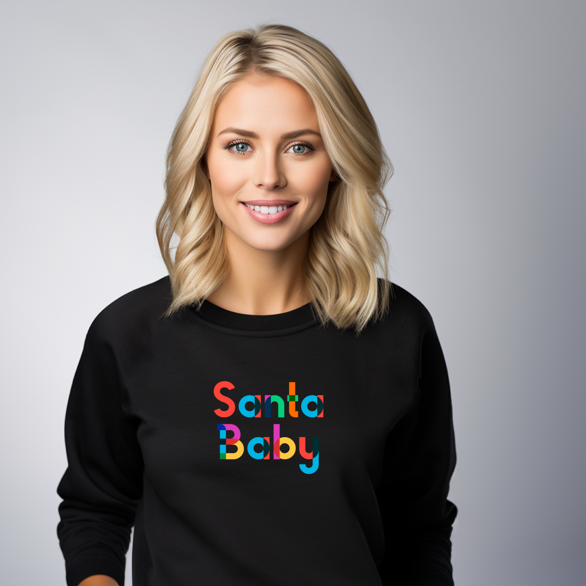 Juodas moteriškas džemperis su ryškiu "Santa Baby" užrašu. Stilingas, šventinis dizainas. Puikus pasirinkimas moderniai kalėdinei aprangai. Moteriškas džemperis "Santa Baby" Black, Moteriški džemperiai, Perkamiausi džemperiai, Naujausi dizainai, Kalėdinių džemperių kolekcija