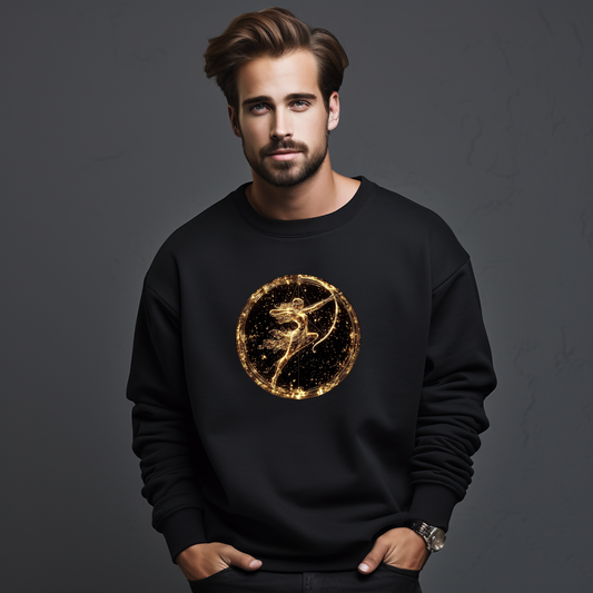 Vyriškas džemperis su auksiniu Šaulio ženklu ant juodo fono. Stilingas ir unikalus dizainas atspindi zodiako simbolio energiją ir ambicijas. Puiki dovana ieškančiam išskirtinio stiliaus. Vyriškas džemperis su zodiako ženklu "Šaulys", Vyriški džemperiai, Perkamiausi džemperiai, Naujausi dizainai, Zodiako ženklų kolekcija