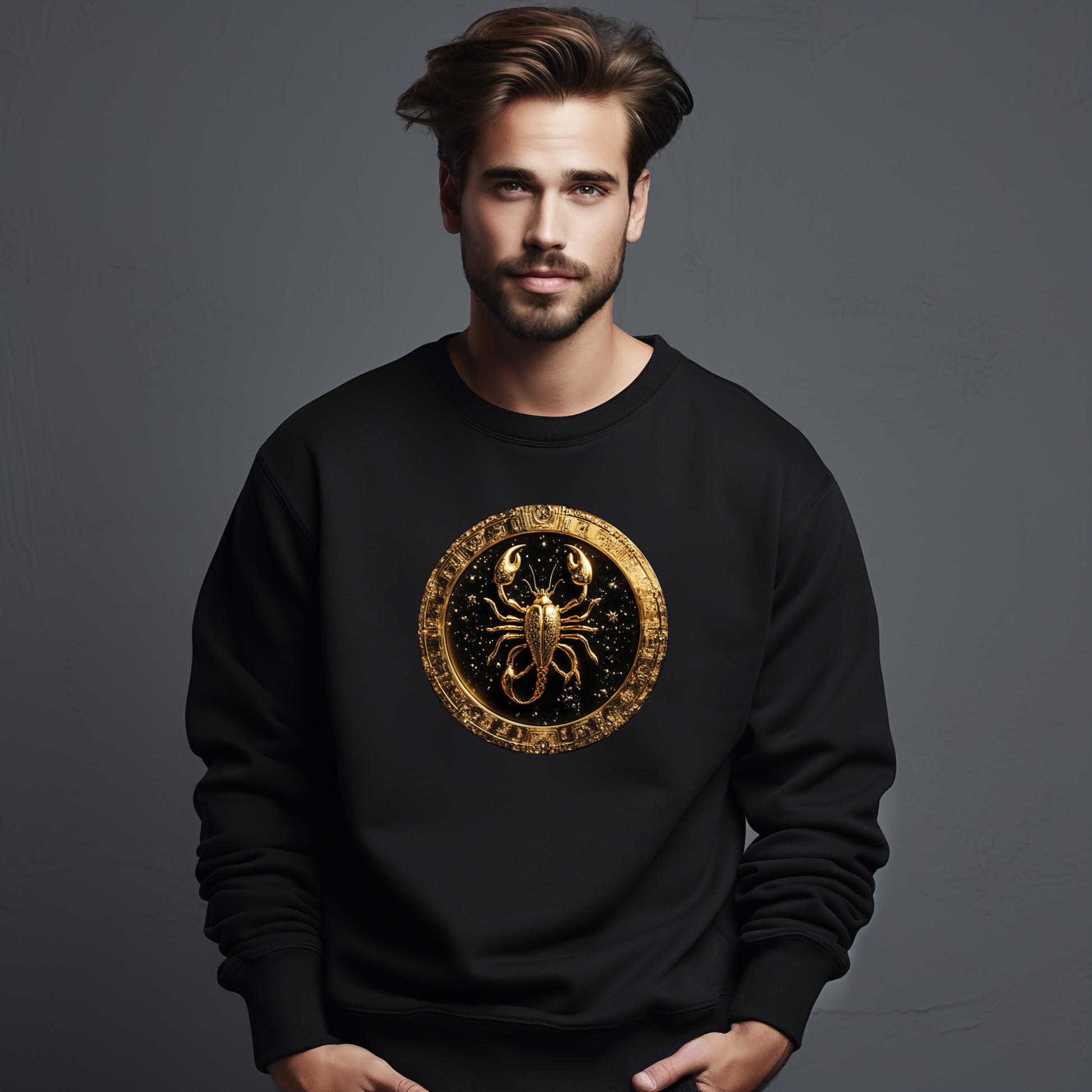 Juodas vyriškas džemperis su auksiniu Skorpiono zodiako ženklu. Stilingas ir unikalus dizainas, puikiai tinkantis pasitikintį savimi vyrui. Vyriškas džemperis su zodiako ženklu "Skorpionas", Vyriški džemperiai, Perkamiausi džemperiai, Naujausi dizainai, Zodiako ženklų kolekcija