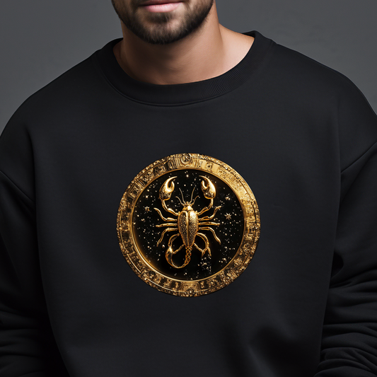 Juodas vyriškas džemperis su auksiniu skorpiono ženklu, apsuptu žvaigždžių. Unikalus ir modernus dizainas, atspindintis zodiako ženklą. Vyriškas džemperis su zodiako ženklu "Skorpionas". Vyriški džemperiai, Perkamiausi džemperiai, Naujausi dizainai, Zodiako ženklų kolekcija