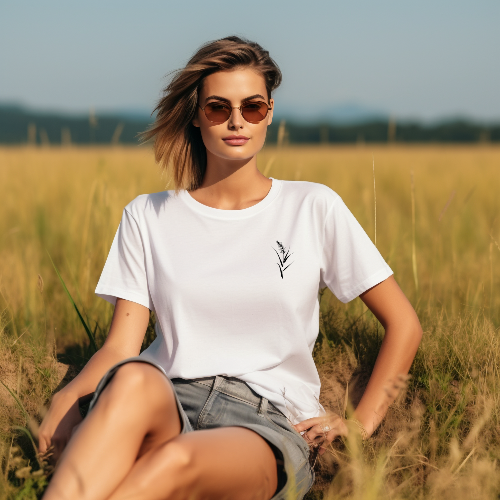 Minimalistiniai balti marškinėliai su "Smilga" dizainu, demonstruojami saulėtame lauke. Tobula vasaros apranga, atspindinti natūralumą ir ramybę. Unikalus Designedbyme.lt kūrinys moterims, ieškančioms subtilaus stiliaus. ,  FINALINIS IŠPARDAVIMAS! NUOLAIDOS IKI -80%