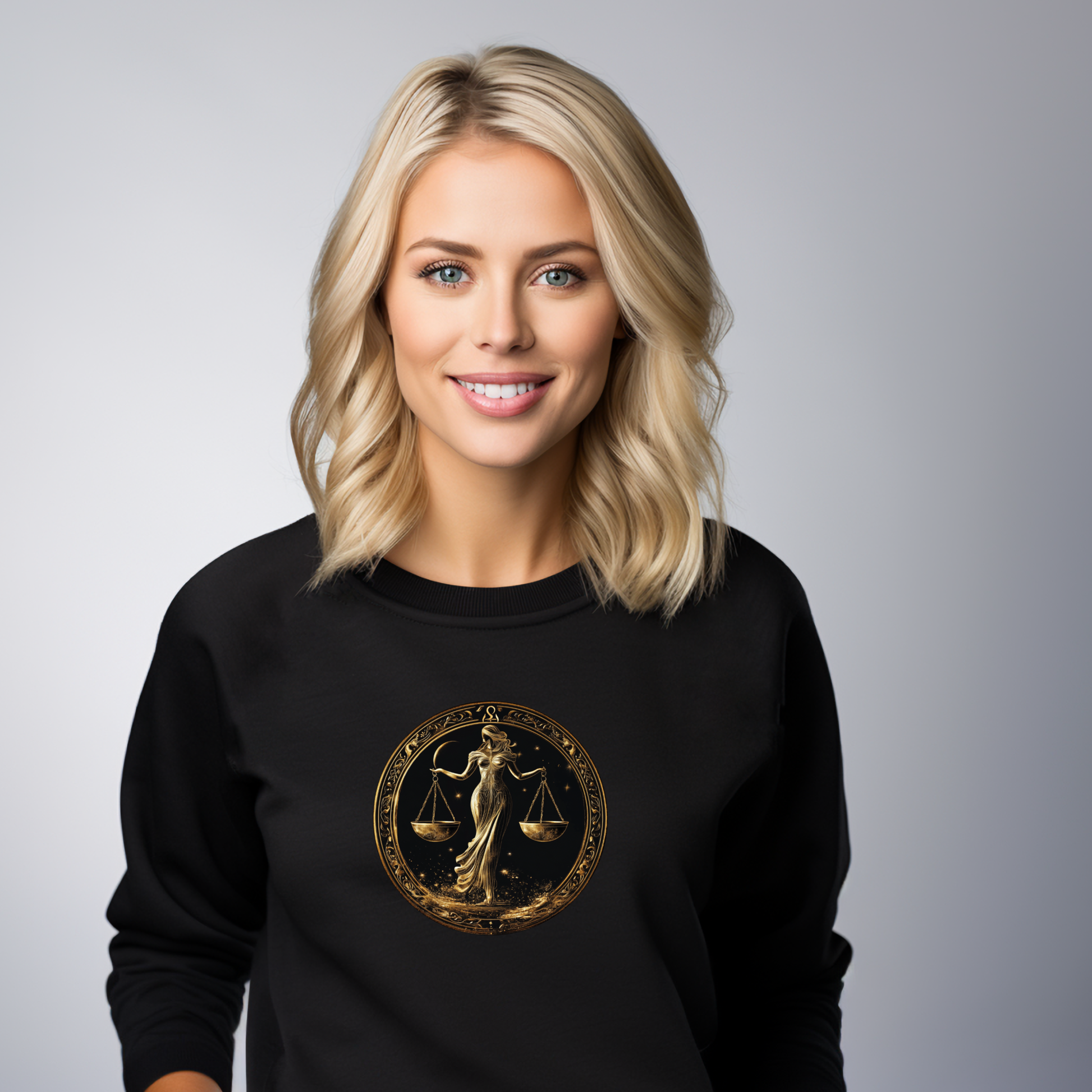 Juodas moteriškas džemperis su auksiniu Svarstyklių zodiako ženklo simboliu. Elegantiškas dizainas su harmonijos ir teisingumo įvaizdžiu. Moteriškas džemperis su zodiako ženklu "Svarstyklės". Modernus ir unikalus, puiki dovana. Moteriški džemperiai, Perkamiausi džemperiai, Naujausi dizainai, Zodiako ženklų kolekcija