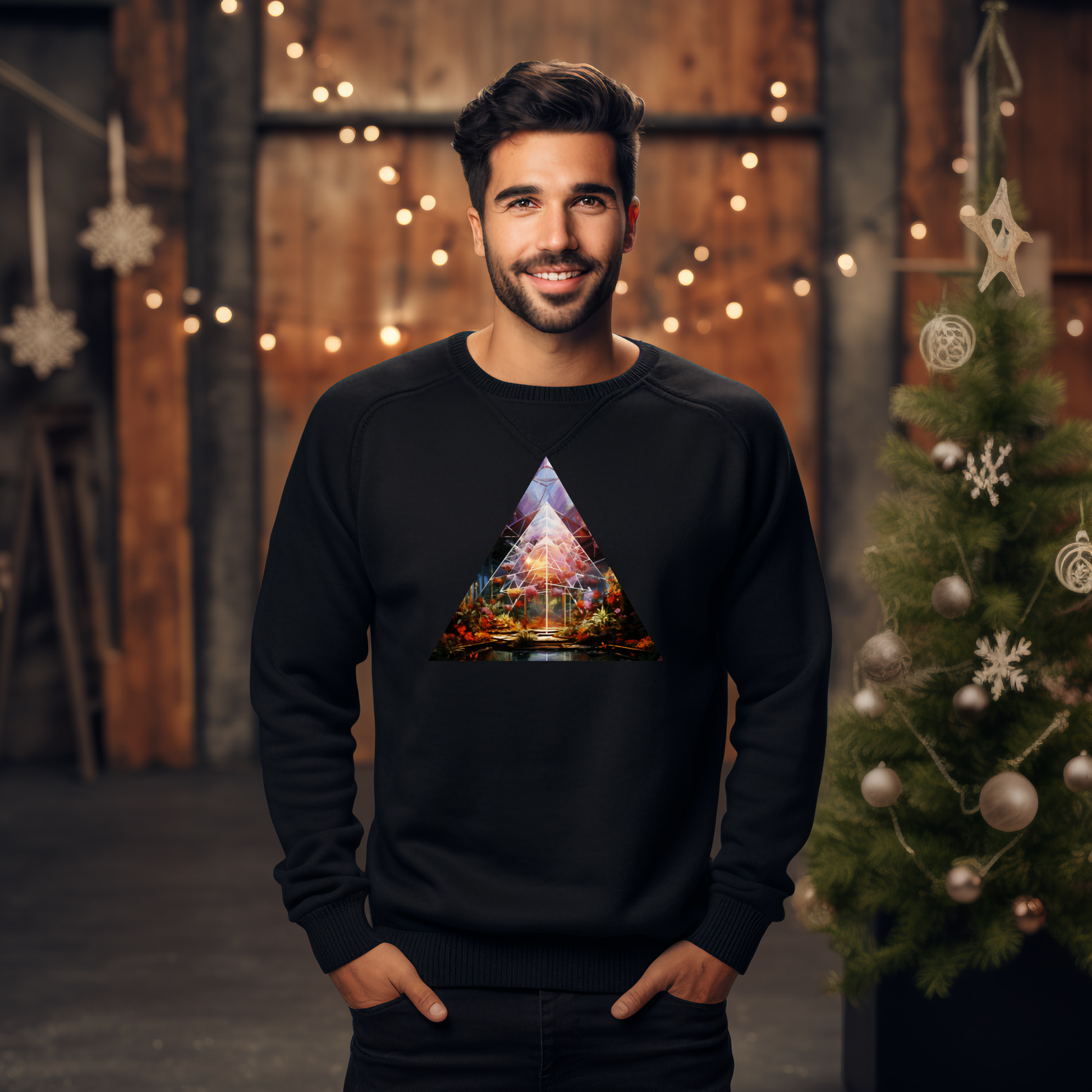 Jaunas vyras vilkintis juodą „Symbolic Pyramid“ dizaino džemperį, stovintis priešais šventiškai dekoruotą medinę sienelę su kalėdinėmis švieselėmis, Designedbyme.lt, designedbyme, Designed By Me, Visi produktai,Vyriški džemperiai,Perkamiausi džemperiai