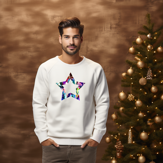 Vyriškas džemperis "Twinkle Star" su spalvinga žvaigždės rašto spauda, puikiai tinkantis šventinei nuotaikai ir kasdieniam stiliui, Designedbyme.lt, designedbyme, Designed By Me, gimtadienio dovanos vyrams, dovanu idejos moterims, maikutes moterims, dovana draugei, dovanos internetu, dzemperiai su spauda, Visi produktai, Vyriški džemperiai, Perkamiausi džemperiai