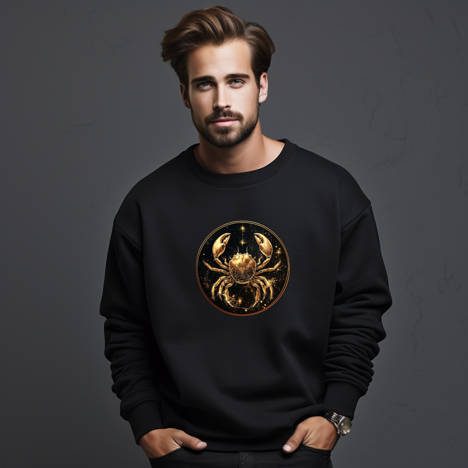 Vyriškas džemperis su auksiniu Vėžio zodiako ženklu. Elegantiškas juodas audinys su ryškiu apvaliu simboliu centre. Unikalus dizainas puikiai tinka asmenybės išraiškai. Vyriškas džemperis su zodiako ženklu "Vėžys", Vyriški džemperiai, Perkamiausi džemperiai, Naujausi dizainai, Zodiako ženklų kolekcija