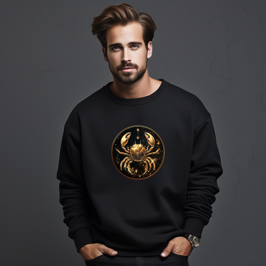 Vyriškas džemperis su auksiniu Vėžio zodiako ženklu. Elegantiškas juodas audinys su ryškiu apvaliu simboliu centre. Unikalus dizainas puikiai tinka asmenybės išraiškai. Vyriškas džemperis su zodiako ženklu "Vėžys", Vyriški džemperiai, Perkamiausi džemperiai, Naujausi dizainai, Zodiako ženklų kolekcija