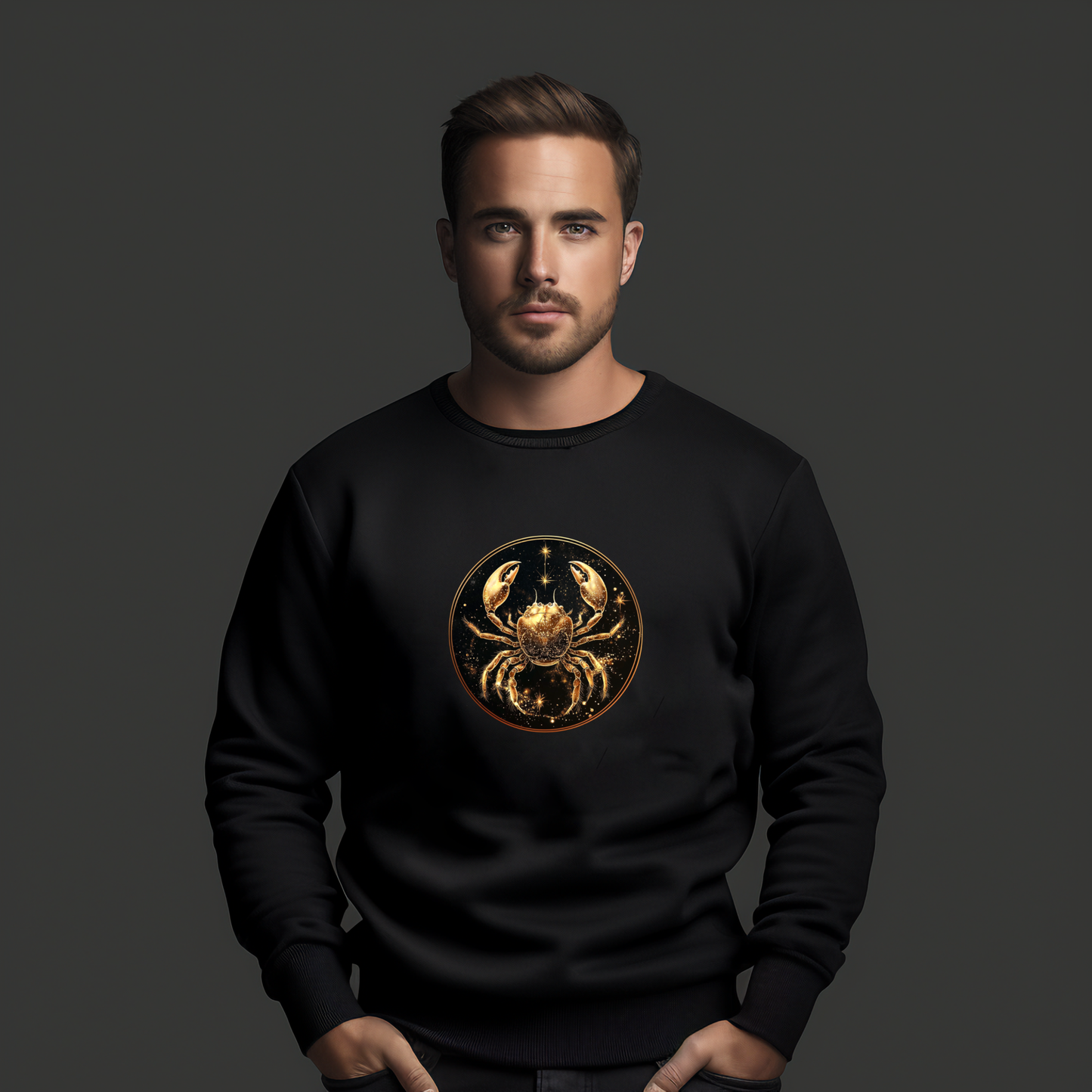 Juodas vyriškas džemperis su auksinio Vėžio zodiako ženklo simboliu. Elegantiškas ir modernus dizainas, tobulai tinkantis asmenybės išraiškai. Vyriškas džemperis su zodiako ženklu "Vėžys", Vyriški džemperiai, Perkamiausi džemperiai, Naujausi dizainai, Zodiako ženklų kolekcija