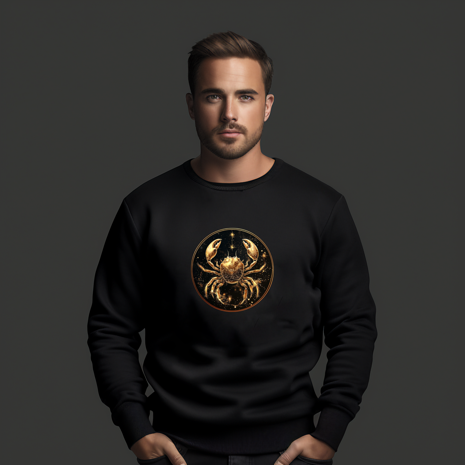 Juodas vyriškas džemperis su auksinio Vėžio zodiako ženklo simboliu. Elegantiškas ir modernus dizainas, tobulai tinkantis asmenybės išraiškai. Vyriškas džemperis su zodiako ženklu "Vėžys", Vyriški džemperiai, Perkamiausi džemperiai, Naujausi dizainai, Zodiako ženklų kolekcija