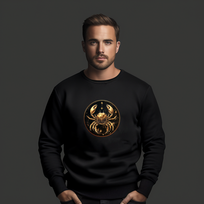 Juodas vyriškas džemperis su auksinio Vėžio zodiako ženklo simboliu. Elegantiškas ir modernus dizainas, tobulai tinkantis asmenybės išraiškai. Vyriškas džemperis su zodiako ženklu "Vėžys", Vyriški džemperiai, Perkamiausi džemperiai, Naujausi dizainai, Zodiako ženklų kolekcija