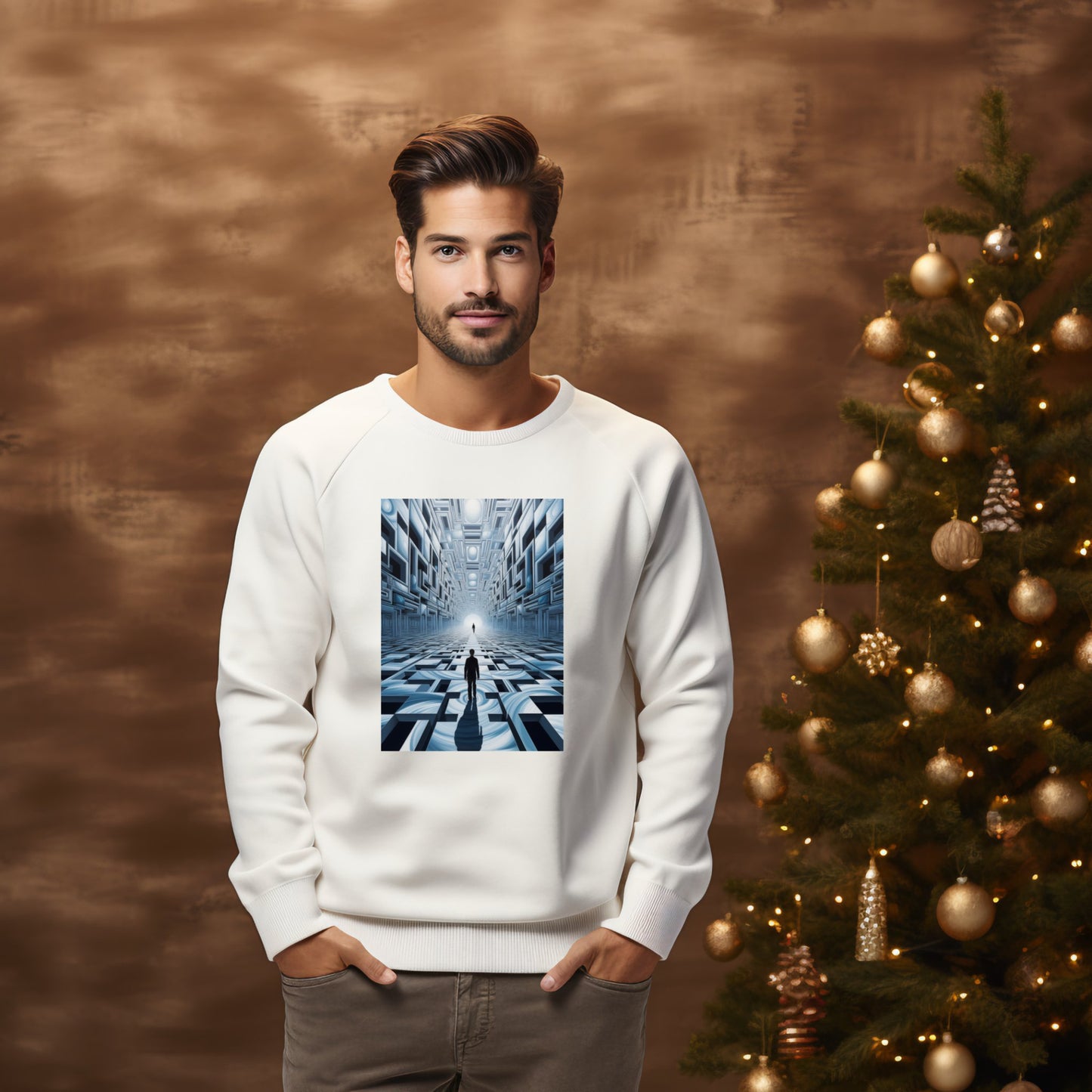 Stilingas baltas džemperis su unikaliu kosminio ateivio paveikslu, modernaus dizaino, puiki dovana vyrams, populiarus ir originalus Designedbyme.lt kūrinys, tinkamas įvairioms progoms, Vyriški džemperiai, Naujausi dizainai