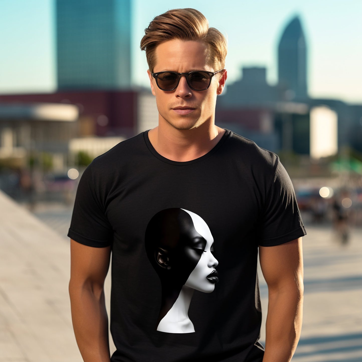 Jaunas vyras dėvi stilingus "Black & White" marškinėlius su modernia meninio kontrasto išraiška miesto fone, Designedbyme.lt, designedbyme, Designed By Me, marskineliai, Marškinėliai, gimtadienio dovanos vyrams, Vyriški marškinėliai,Visi produktai