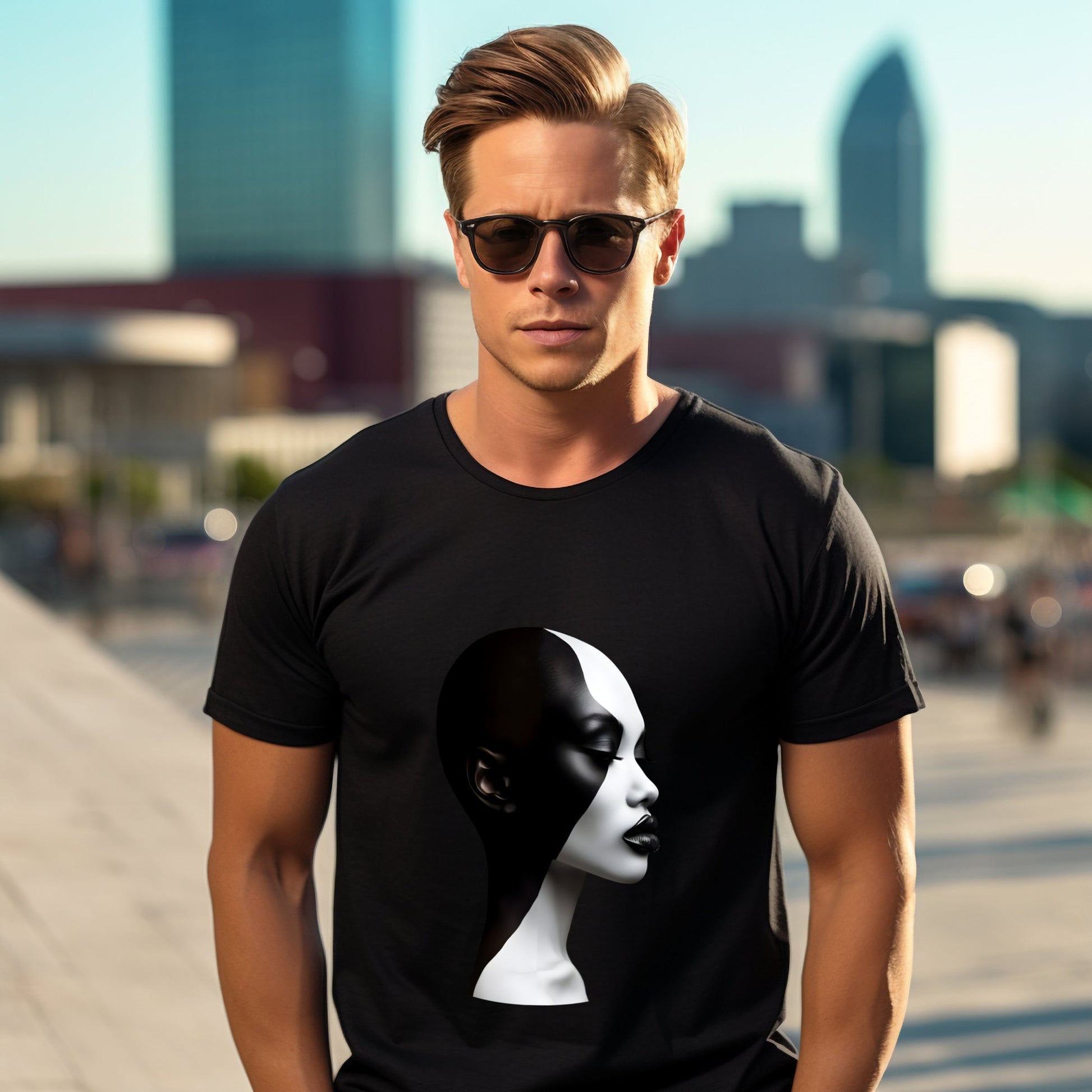 Jaunas vyras dėvi stilingus "Black & White" marškinėlius su modernia meninio kontrasto išraiška miesto fone, Designedbyme.lt, designedbyme, Designed By Me, marskineliai, Marškinėliai, gimtadienio dovanos vyrams, Vyriški marškinėliai,Visi produktai
