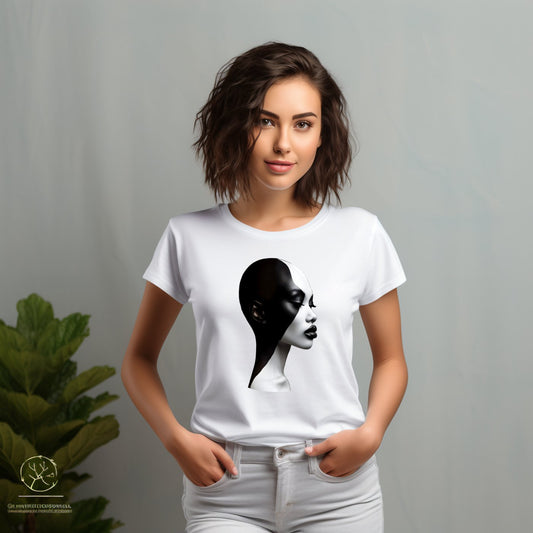 Stilingi balti marškinėliai su juodu moters profilio atvaizdu, atspindintys kontrastą ir individualumą. Unikalus Designedbyme.lt dizainas, puikiai tinkantis moderniai moteriai. Patogus ir madingas pasirinkimas kasdienai ar ypatingoms progoms, Moteriški marškinėliai, Naujausi dizainai