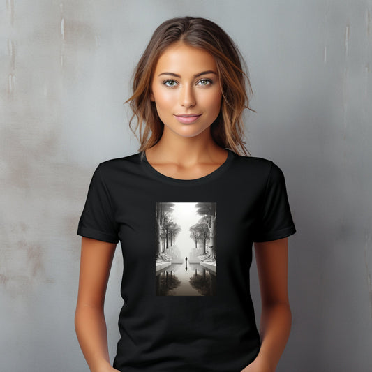 Juodi moteriški marškinėliai su unikaliu miesto vaizdu, atspindinčiu urbanistinį gyvenimą. Originalus dizainas, skatinantis mąstyti apie miesto aplinką. Moderni ir stilinga apranga iš Designedbyme.lt kolekcijos. Puiki dovana draugei ar sau. Moteriški marškinėliai, Naujausi dizainai