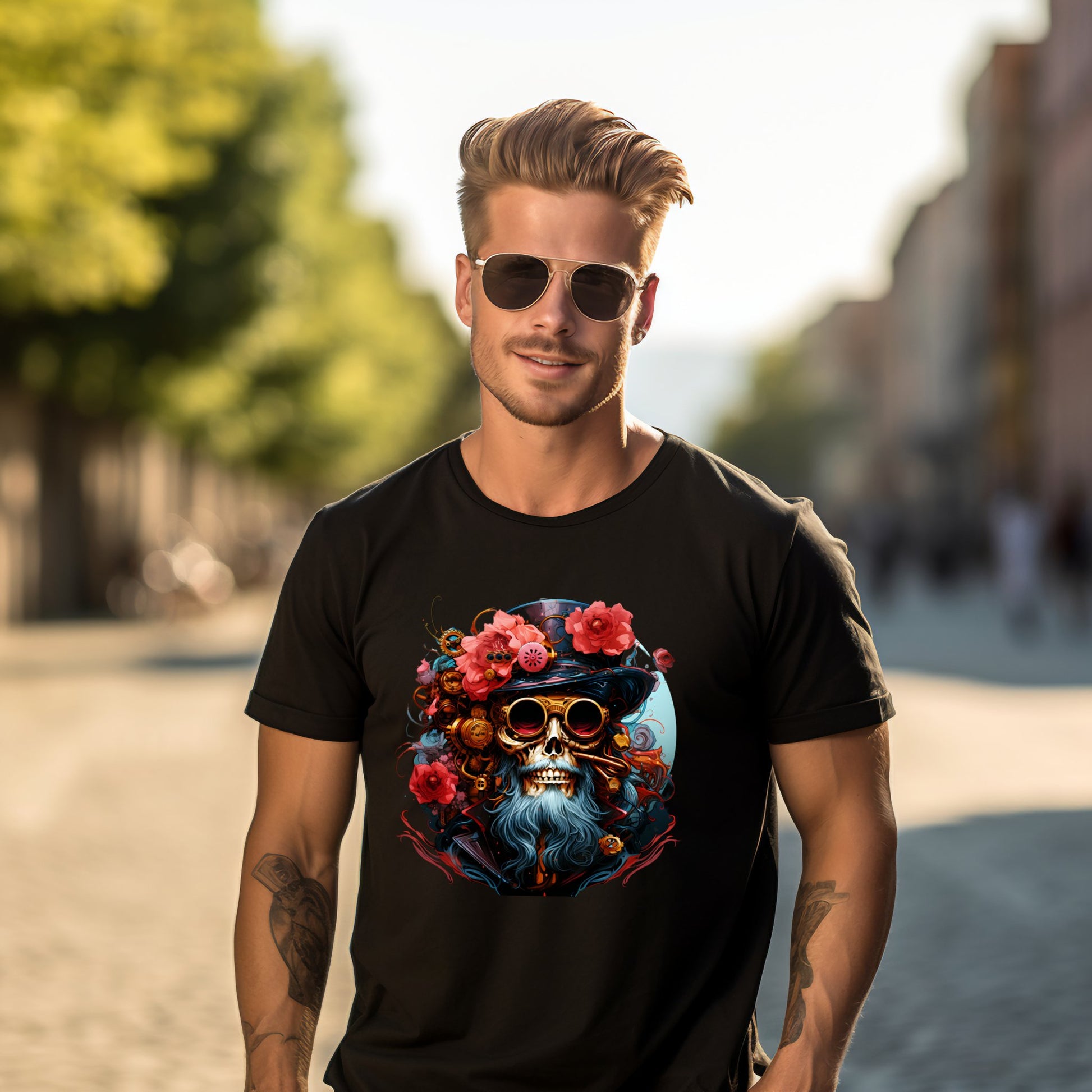 Vyriški marškinėliai „Captain Jack“ su spalvota pirato kaukole ir gėlėmis, vyras su saulės akiniais dėvintis marškinėlius šviesią dieną, Designedbyme.lt. Vyriški marškinėliai,Visi produktai