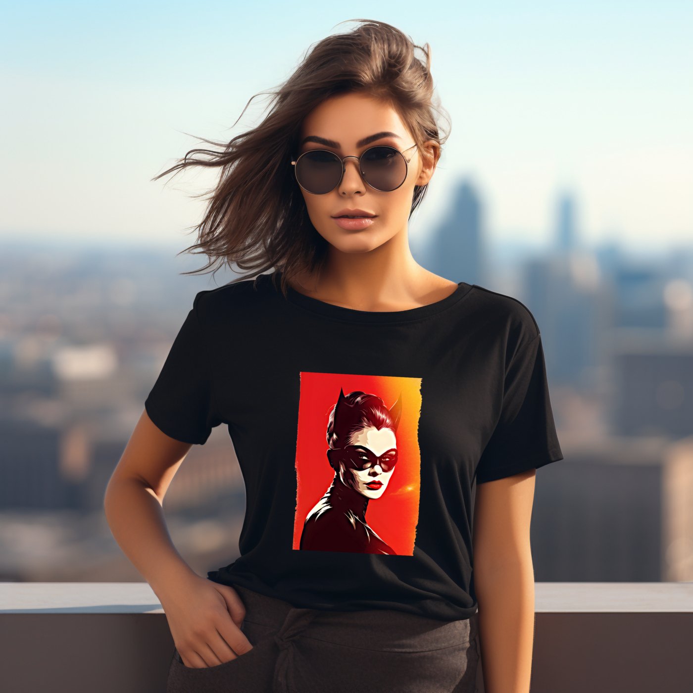 Stilingi juodi marškinėliai su ryškiu Catwoman atvaizdu, dėvimi miesto fone. Modernūs akiniai nuo saulės ir plaukų stilius papildo šiuolaikišką įvaizdį. Unikalus ir madingas Designedbyme.lt dizainas, puikiai tinkantis kasdienai, Moteriški marškinėliai, Naujausi dizainai