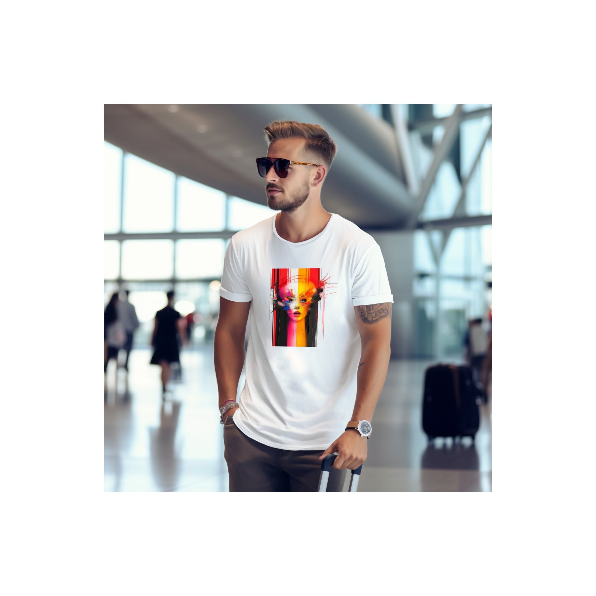 Vyriški marškinėliai „Colorful Aura“ su ryškia, abstrakčia veido spauda. Drąsios išraiškos mados akcentas, puikiai derantis prie bet kokio įvaizdžio. Designedbyme.lt produkto dizainas. Vyriški marškinėliai, Visi produktai, ☀️ Vasaros kolekcija ☀️