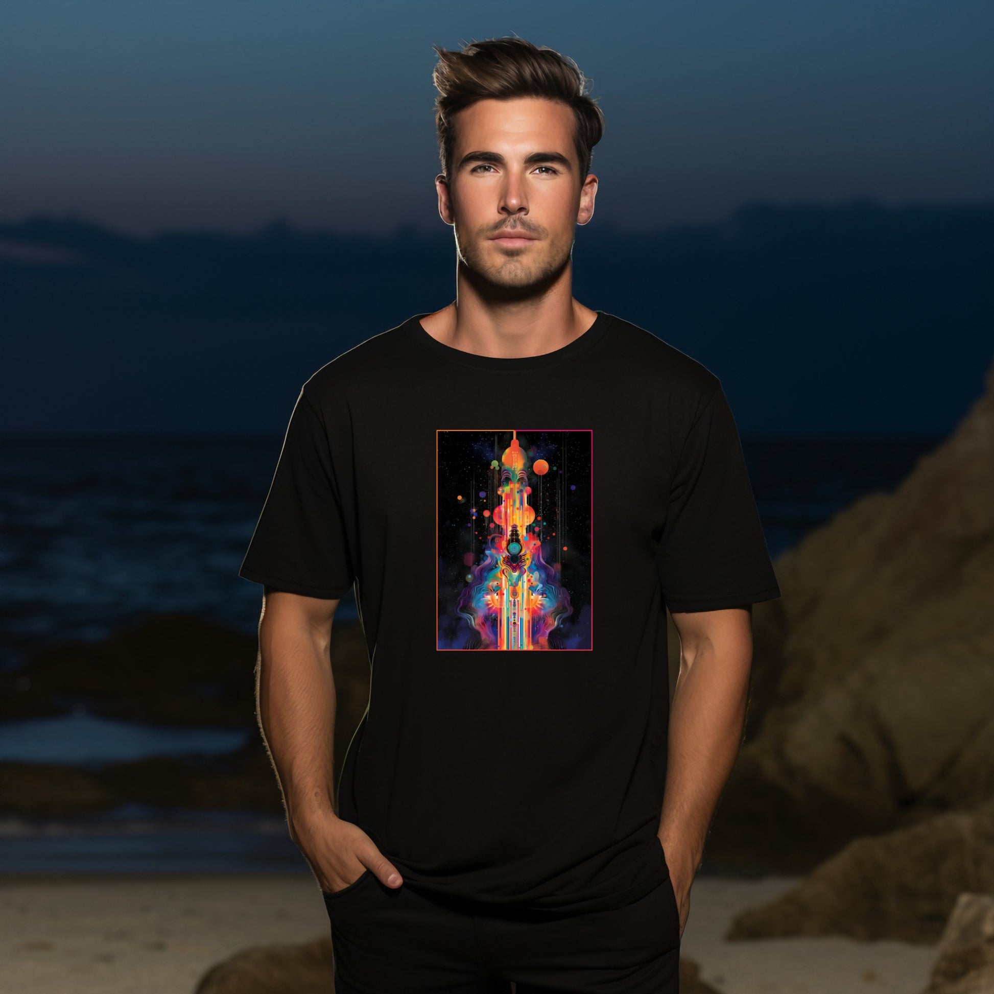 Vyriškas marškinėlis „Cosmic Colors“ su spalvingu kosminiu motyvu nakties peizaže, Designedbyme.lt, Designed By Me, Vyriški marškinėliai,Visi produktai,☀️ Vasaros kolekcija ☀️