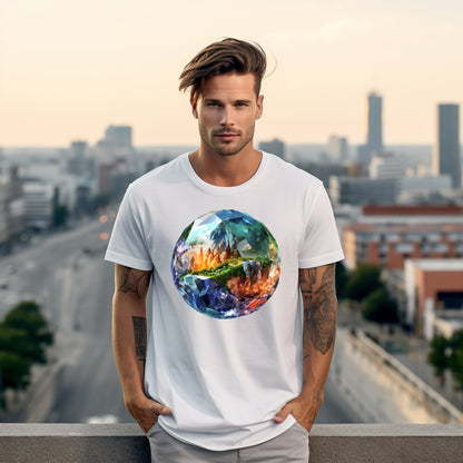 Jaunas vyras su stilingais "Diamond Earth" marškinėliais stovintis miesto fone, Designedbyme.lt, designedbyme, Designed By Me, marškinėliai, Visi produktai, Vyriški marškinėliai