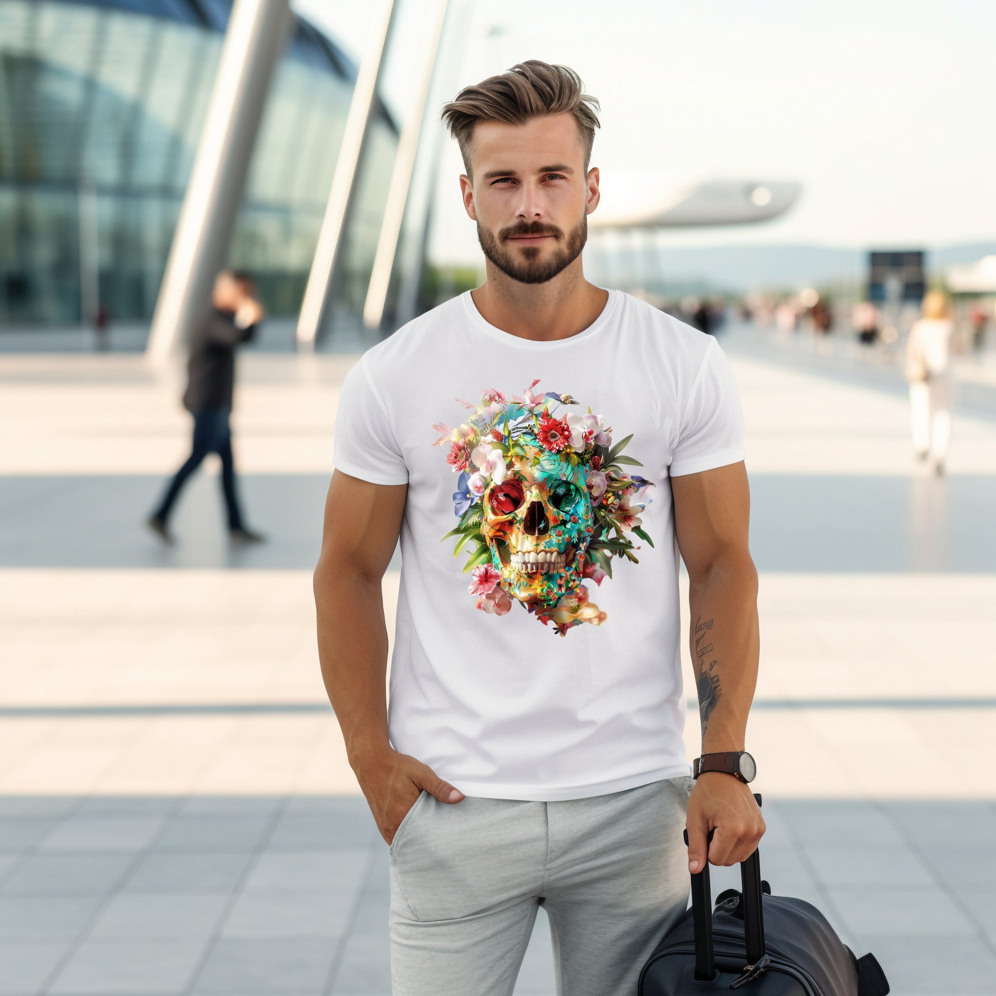Stilingi balti vyriški marškinėliai su spalvingu gėlių kaukolės dizainu, atspindinčiu gyvenimo trapumą ir grožį. Unikalus Designedbyme.lt kūrinys, puikiai tinkantis moderniam vyrui. Vyriški marškinėliai, Vasaros kolekcija , Naujausi dizainai