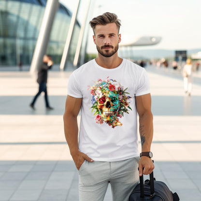 Stilingi balti vyriški marškinėliai su spalvingu gėlių kaukolės dizainu, atspindinčiu gyvenimo trapumą ir grožį. Unikalus Designedbyme.lt kūrinys, puikiai tinkantis moderniam vyrui. Vyriški marškinėliai, Vasaros kolekcija , Naujausi dizainai