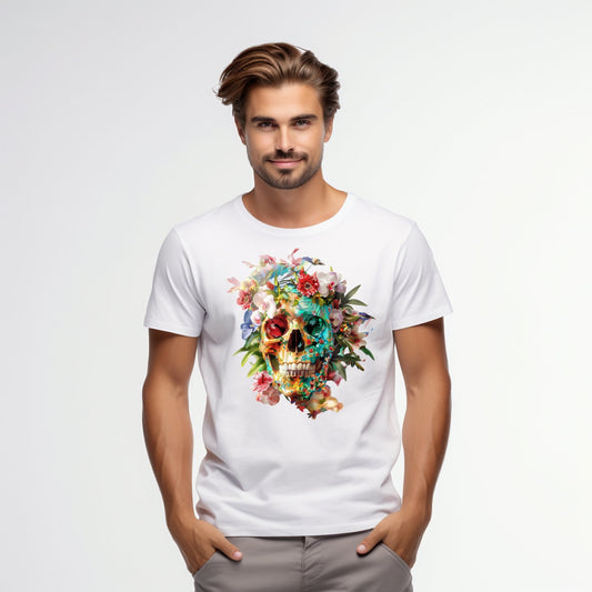 Stilingi balti marškinėliai su spalvingu gėlių kaukolės dizainu. Unikalus Designedbyme.lt kūrinys, atspindintis gyvenimo trapumą ir grožį. Puiki dovana ieškant originalaus stiliaus. Vyriški marškinėliai, Vasaros kolekcija, Naujausi dizainai