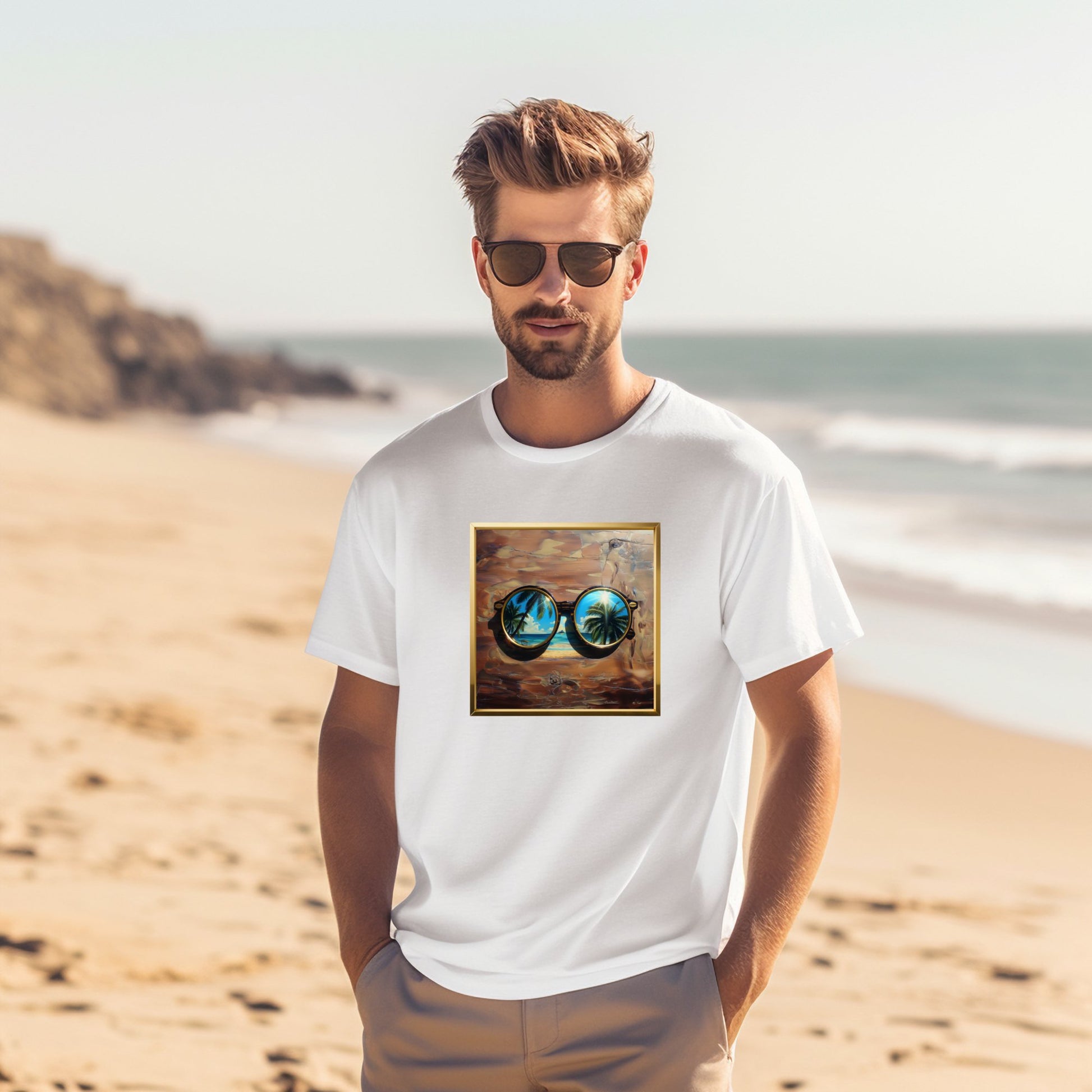 Vyriški marškinėliai „Golden Holiday“ paplūdimyje, skirta kelionėms ir laisvalaikiui, Designedbyme.lt, dovanu idejos vyrams ir moterims, unikalu dizainu, Vasaros kolekcija , Vyriški marškinėliai,Visi produktai