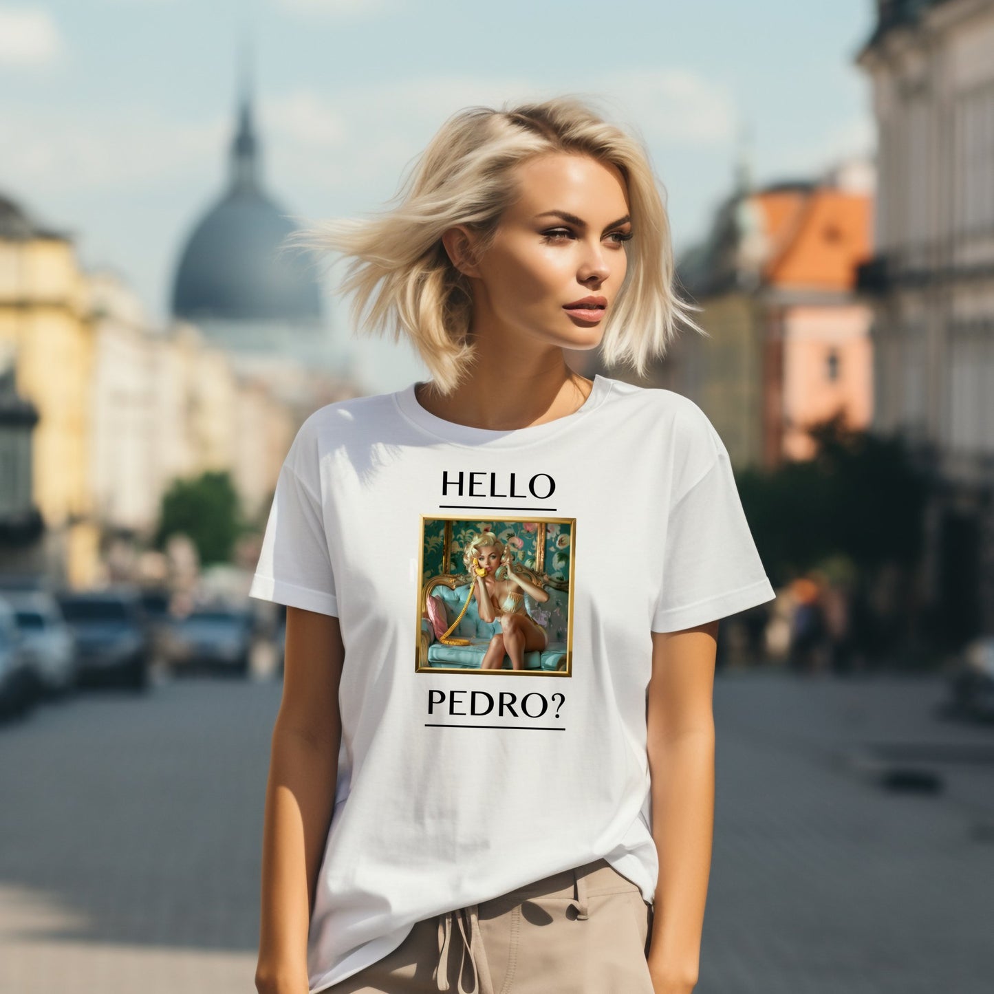 Stilingi balti marškinėliai su unikaliu "Hello Pedro?" užrašu ir baroko stiliaus paveikslu, demonstruojami miesto fone. Madingas ir žaismingas dizainas atspindi šiuolaikinį stilių ir originalumą. Idealus pasirinkimas moderniai moteriai, ieškančiai išskirtinių drabužių, Moteriški marškinėliai, Vasaros kolekcija, Naujausi dizainai