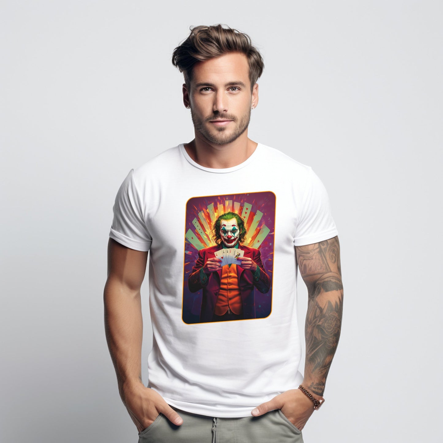 Vyriškas modelis vilkintis „Jocker“ marškinėlius su ryškiai išraiškingu piešiniu, atspindinčiu laisvės ir žaismingumo dvasią. Designedbyme.lt, designedbyme, Designed By Me, marškinėliai, gimtadienio dovanos vyrams, dovanu idejos moterims, vyriski marskineliai, Vyriški marškinėliai, Naujausi dizainai