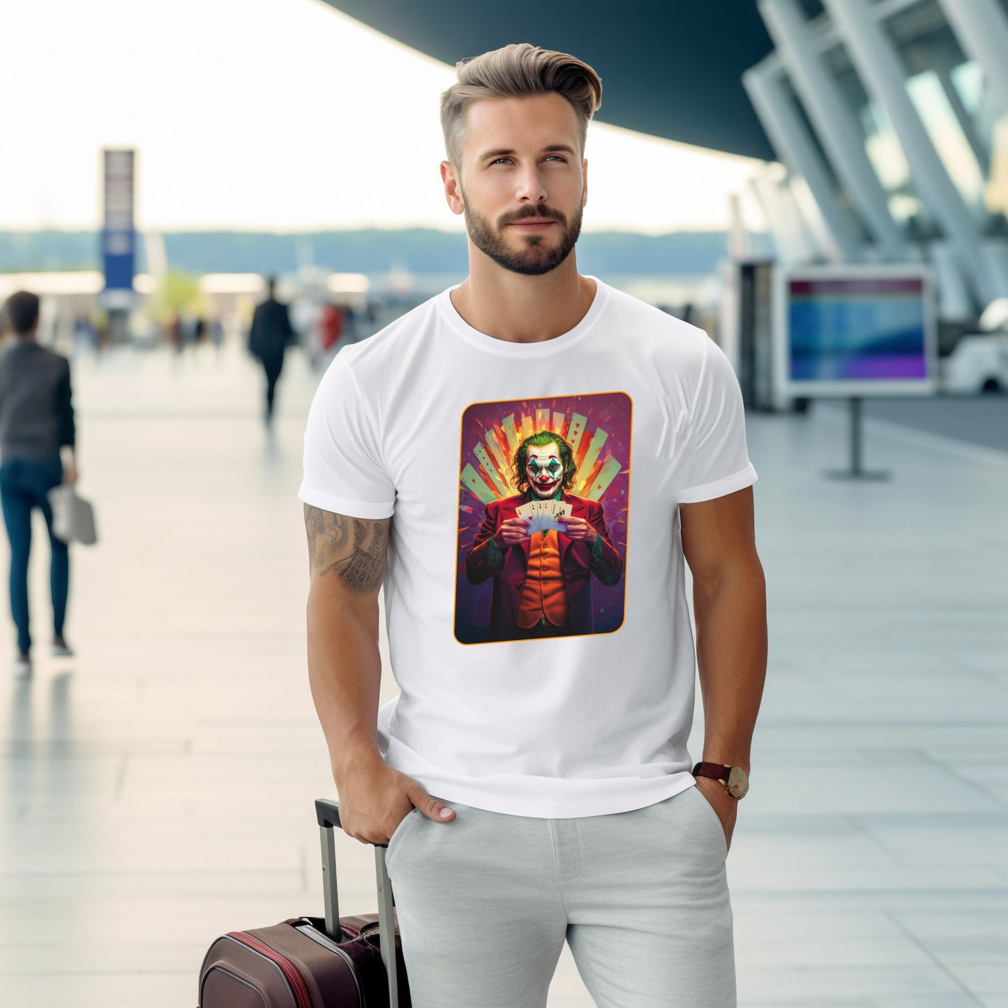 Vyriškis dėvi baltus „Jocker“ marškinėlius iš Designedbyme.lt. Šis madingas ir išraiškingas drabužis puikiai tinka pabrėžiant laisvės ir žaismingumo dvasią. Idealu kaip gimtadienio dovanos vyrams ar kaip dovana draugei. Puikiai tinka įvairioms progoms, nuo kasdienio nešiojimo iki ypatingų įvykių, Vyriški marškinėliai, Naujausi dizainai