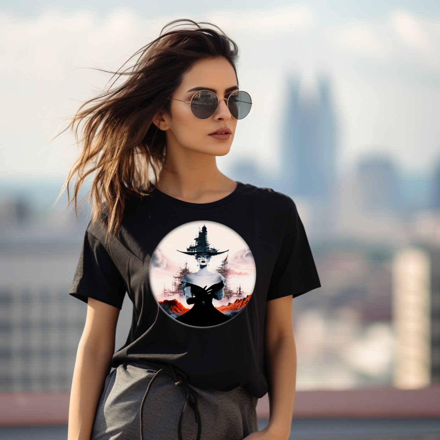 Stilingi juodi marškinėliai su raganos atvaizdu, dėvimi miesto fone. Modernūs akiniai nuo saulės suteikia madingą akcentą. Unikalus dizainas "Lady Witch" atspindi šiuolaikinį miesto gyvenimo stilių. Idealus pasirinkimas originaliai ir mįslingai asmenybei, Moteriški marškinėliai, Naujausi dizainai