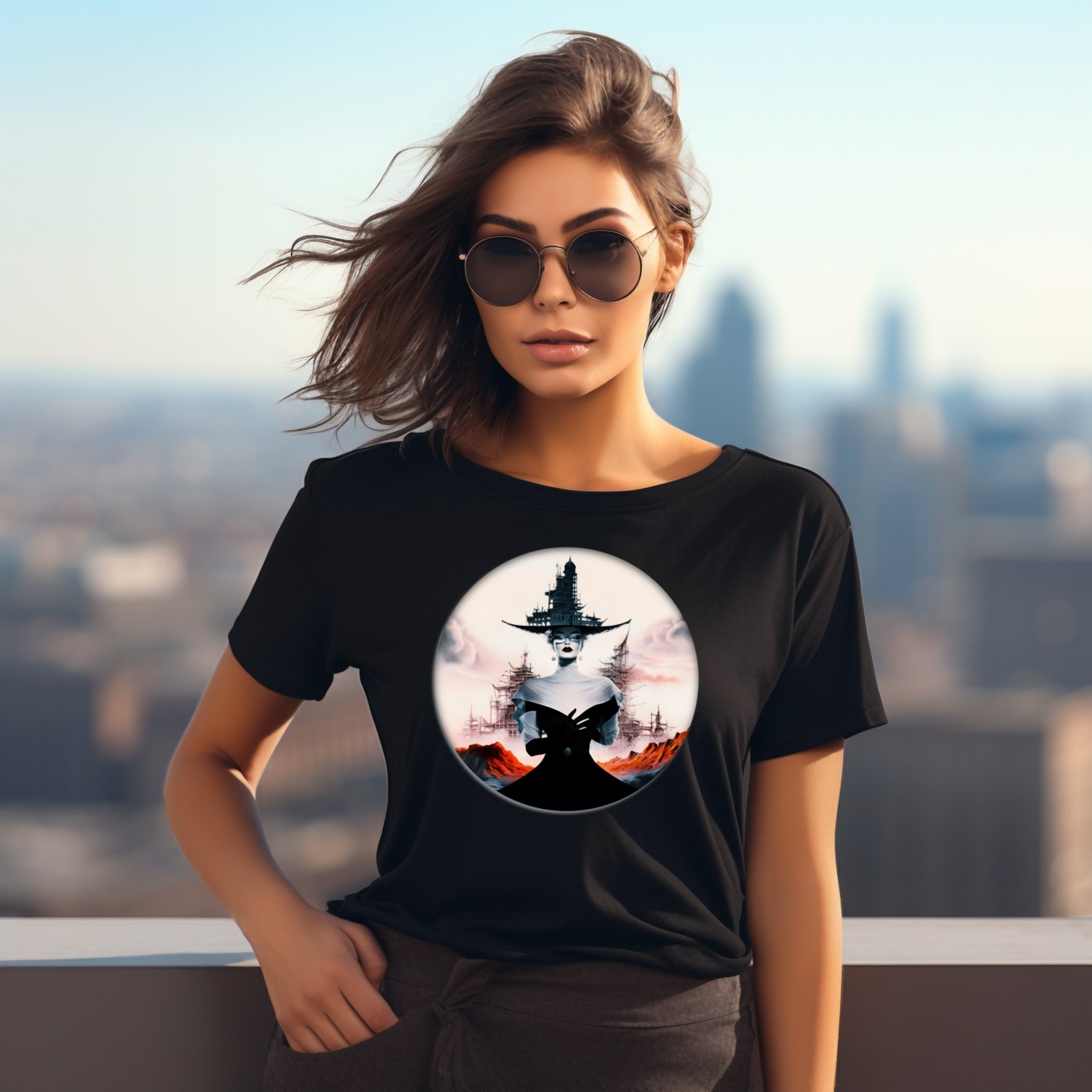 Stilingi juodi marškinėliai su raganos atvaizdu, modernūs ir mįslingi. Designedbyme.lt unikalus dizainas, puiki dovana draugei. Originalus moteriškas aksesuaras miesto fone. Moteriški marškinėliai, Naujausi dizainai